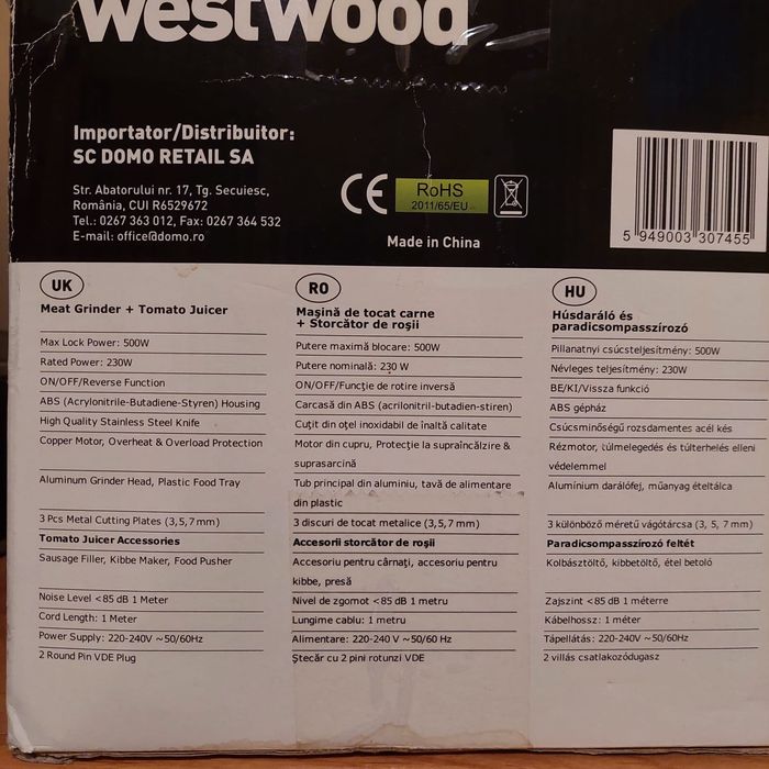 Masina de tocat + storcator de rosii Westwood, putere 500 W