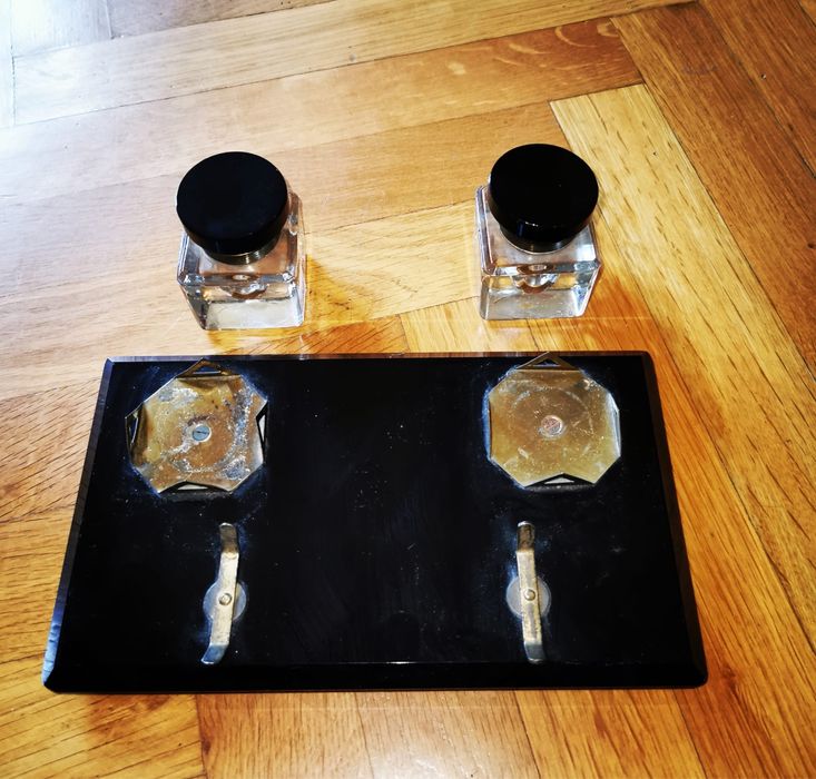 Мастилница мраморна оригинален комплект в стил Арт Деко две стъкленици