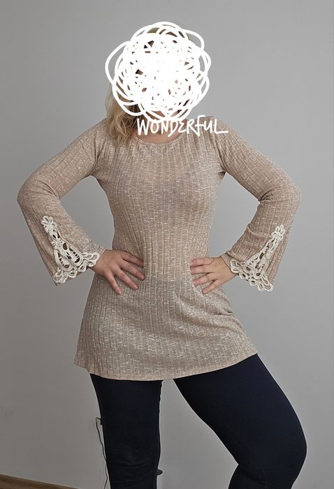 Туника блуза с дантела и дълъг ръкав памучна и разтеглива размер L XL