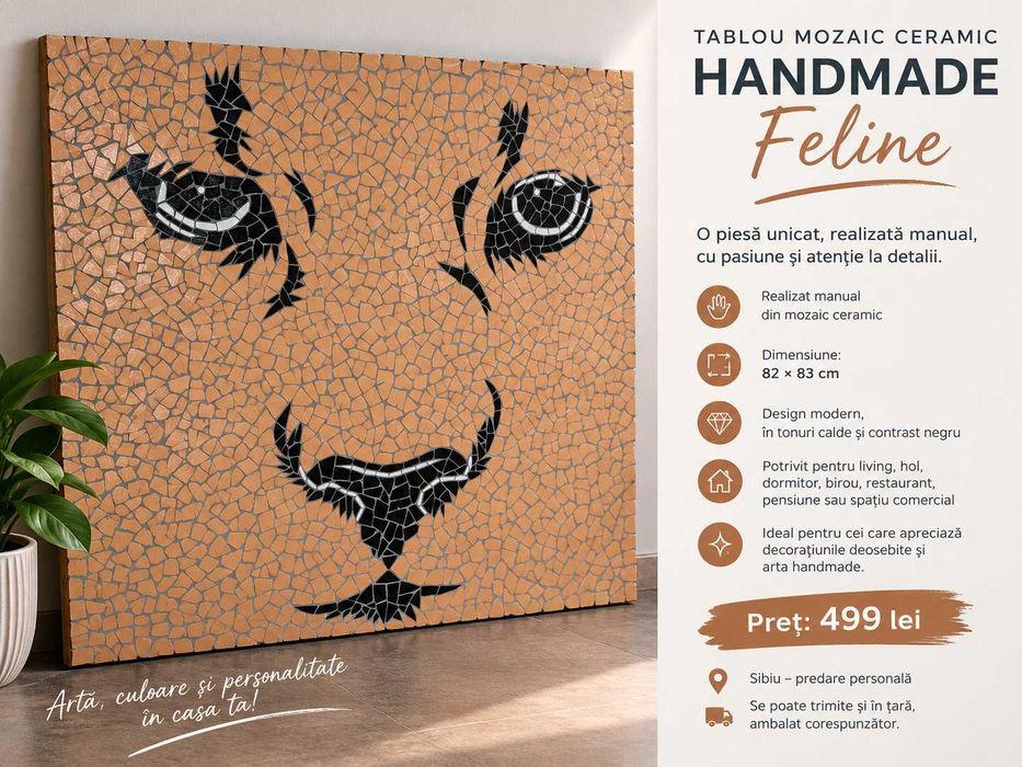 Decor Premium, UNICAT | TABLOU MOZAIC HANDMADE – „Felina” | 82×83 cm