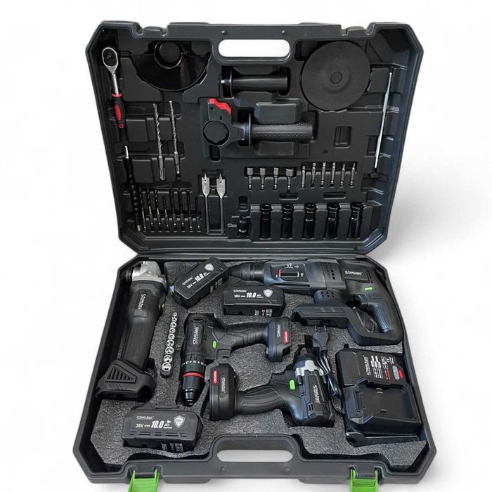 Комплект 5 в 1 перфоратор, винтоверт, гайковерт, ъглошлайф и LED лампа