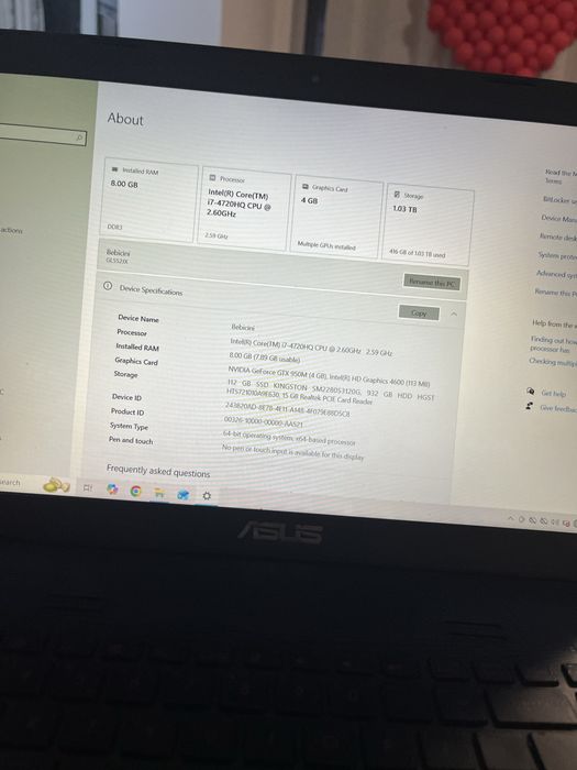 Vand Laptop ASUS 552J ROG i7 + NVIDIA 950M 8GB 1TB Baterie Nouă
