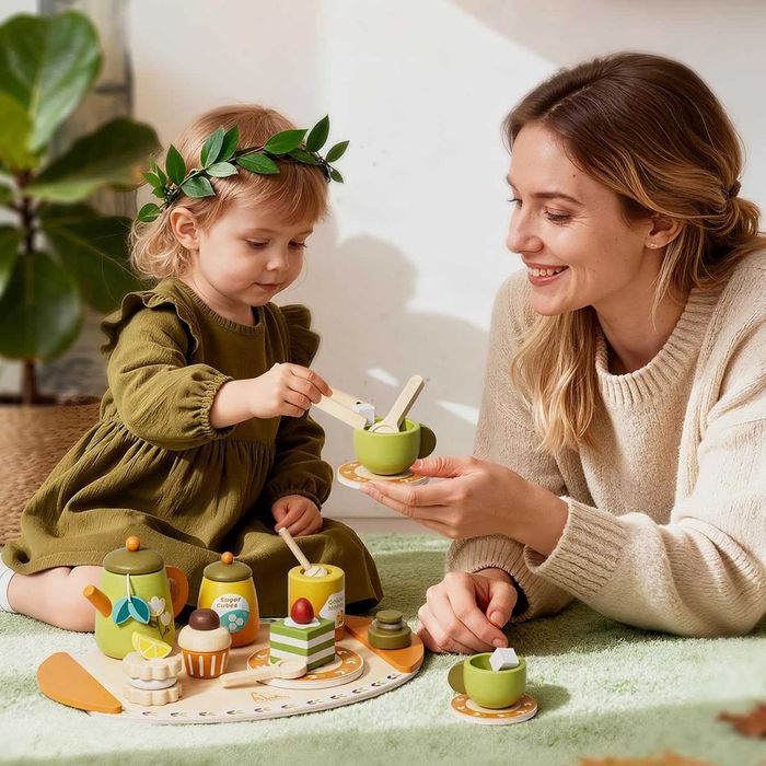 Дървен сервиз за чай, комплект за игра на чай за деца 3+ години