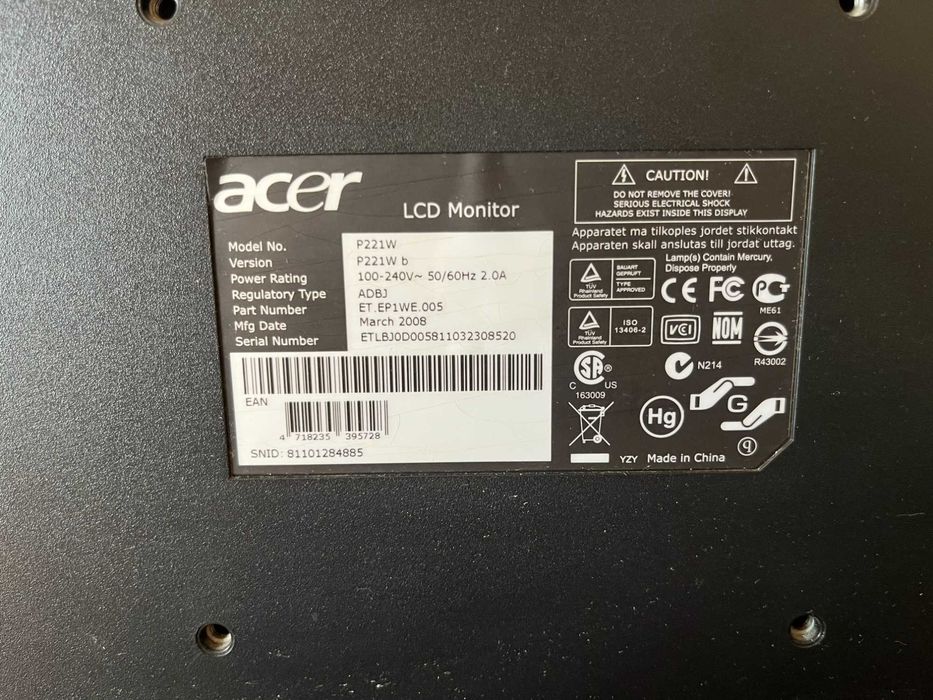 Монитор Acer P221W  / 22'' / 60 Hz / VGA + HDMI Adapter