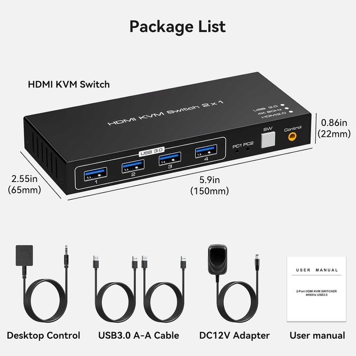 HDMI KVM превключвател 2 компютъра 1 монитор 4K/60Hz, 4 х USB 3.0
