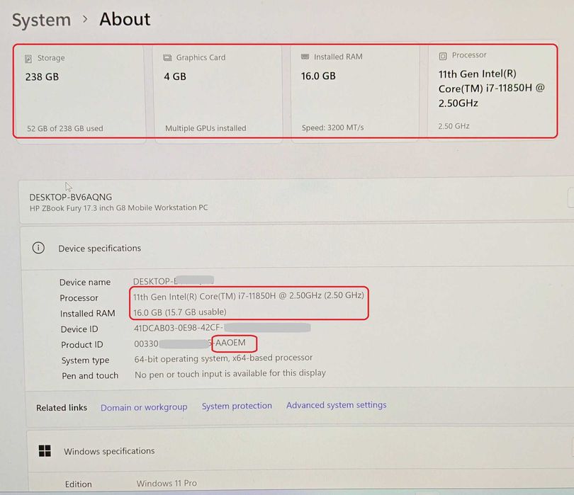 HP ZBook Fury 17 Gen 8/4K Ultra HD IPS 100% DCI-P3 500 nits./Intel Core i7/NVidia RTX A2000 4GB/16GB RAM/256GB SSD NVMe worstation работна станция