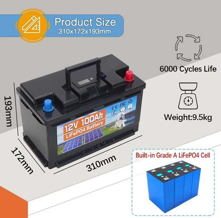 Baterie RUSMR  LiFePO4, 100, 120, 200Ah, 12V + incarcator 10A