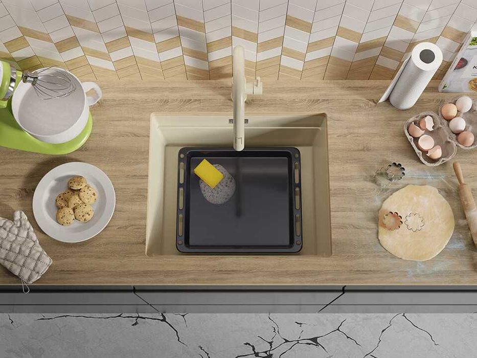 Бежов кухненска мивка за вграждане под плот Прага 60 Level 560 x 470