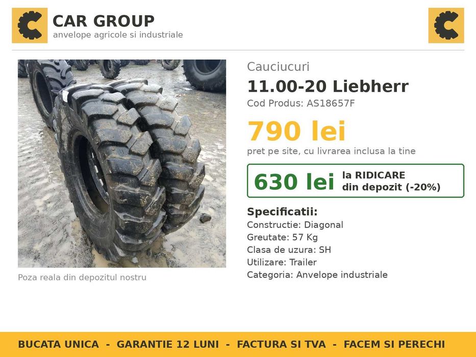 Anvelope 11.00-20 Liebherr Cauciucuri Camion Macara Basculanta 16PR SH GARANTIE Factura Roman DAC Terex
