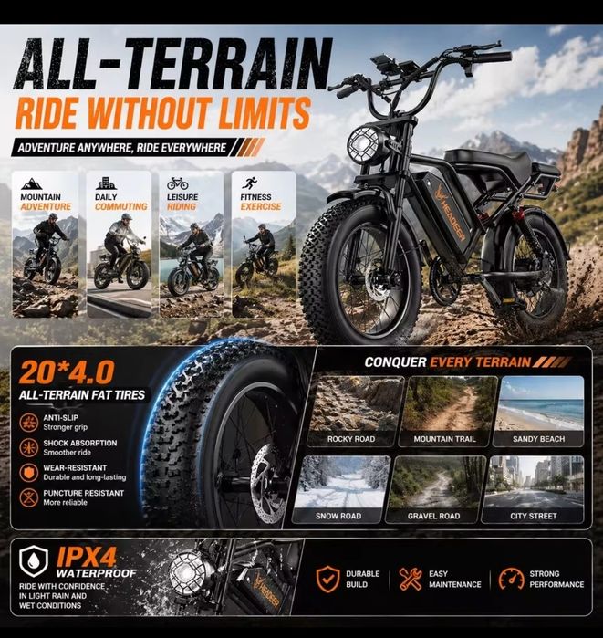 НОВИ! Електрически Велосипед HEADEER BK20 (750W, 48V 18Ah,50km/h) – Fat Bike E Bike