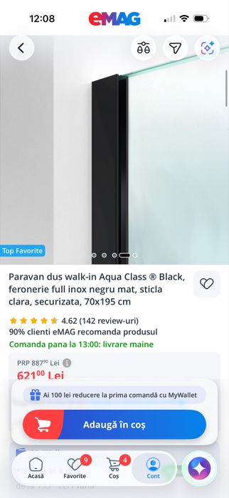Paravan sticla dus walk in - sticla si inox