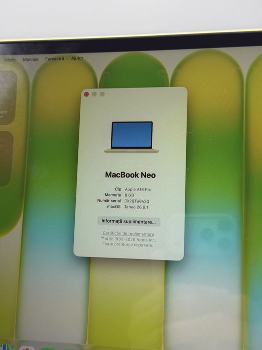 Macbook Neo 13" , 512 GB , 8 GB RAM , A18 PRO, Baterie 100% , 7 Cicluri , Citrus