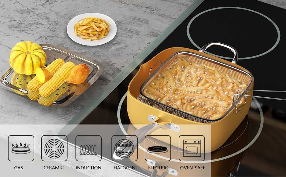 Нов дълбок меден тиган Copper Pan Комплект 6 в 1, Незалепващо Cerami-Tech покритие, Индукционно дъно, Стъклен капак, Кошница, Тава за готвене на пара
