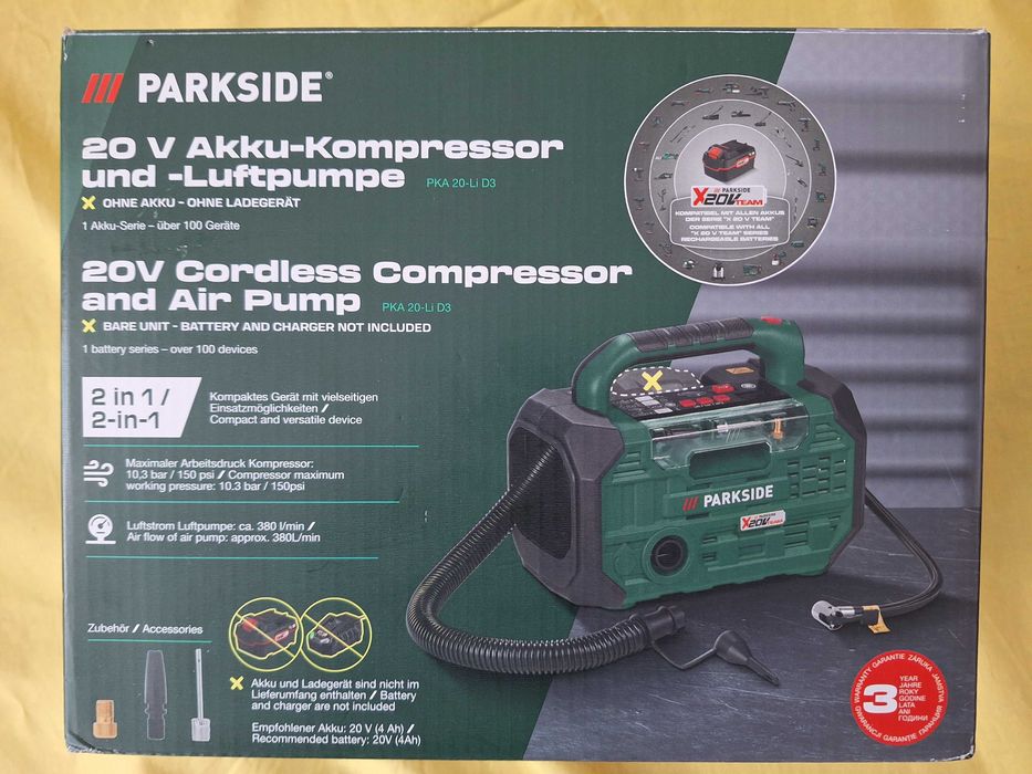 Pompa de aer cu acumulator - Compresor auto 20 V Parkside, 3 in 1