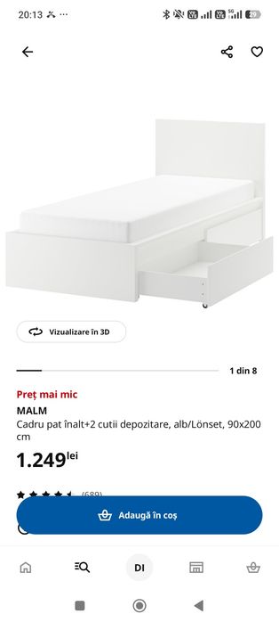 Pat + saltea cu spuma memorie Malm Ikea 90*200, 2 cutii, somiera, (+sa