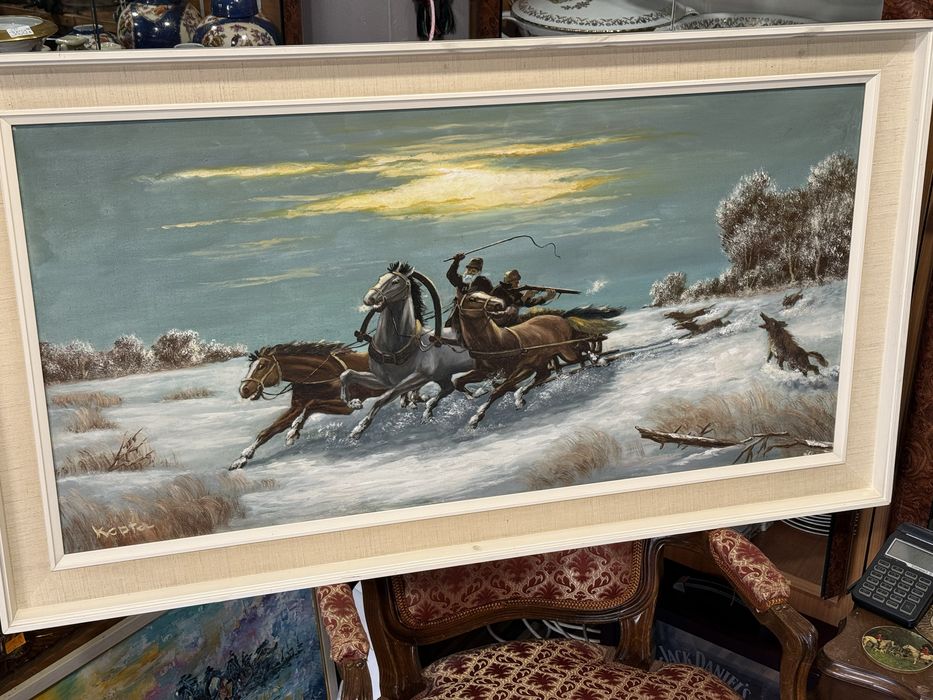 красива голяма картина ловна сцена маслени бои платно автор