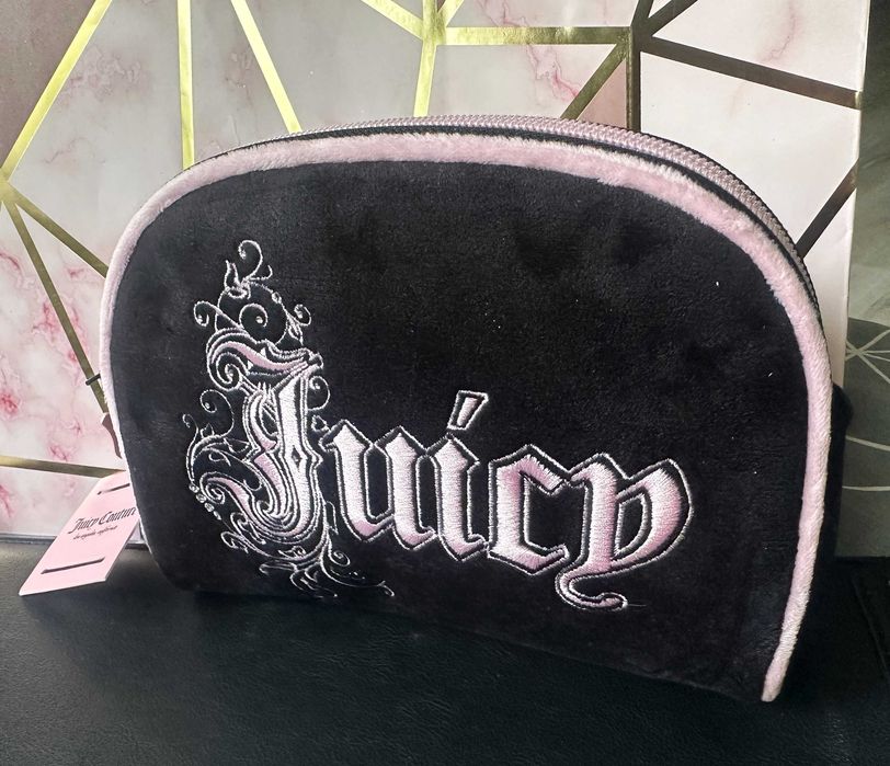 JUICY COUTURE Розова Златна Бродерия и Кристали Велурена Козметична Чанта/Несесер Средна НОВА с Етикет