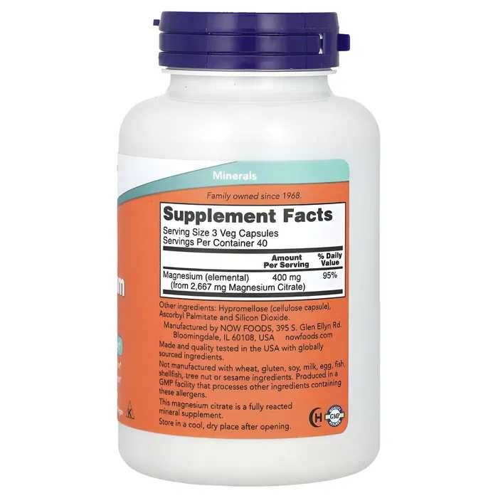 Magnesium citrate 120 veg capsules now foods, Магний цитрат Америка