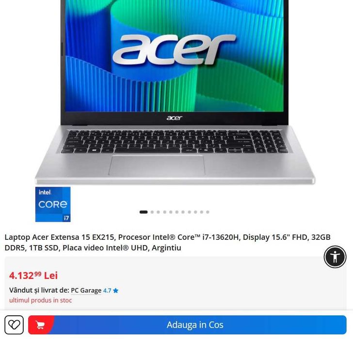 Laptop Acer Extensa cu i7 13620H 4.90GHz, 32GB RAM, SSD 1TB