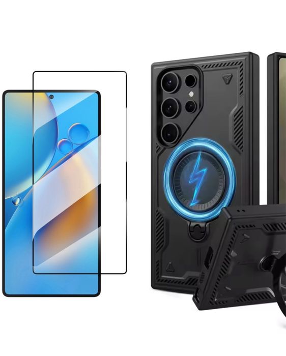 Samsung S26 S26 PLUS S26 ULTRA Husa Anti Soc Cerc Magnetic Suport Neagra + Folie Sticla Full Edge