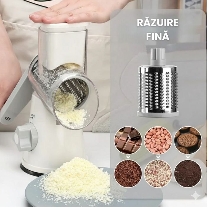 Razatoare de branza cu manivela, inox alimentar, cu 3 lame interschimb