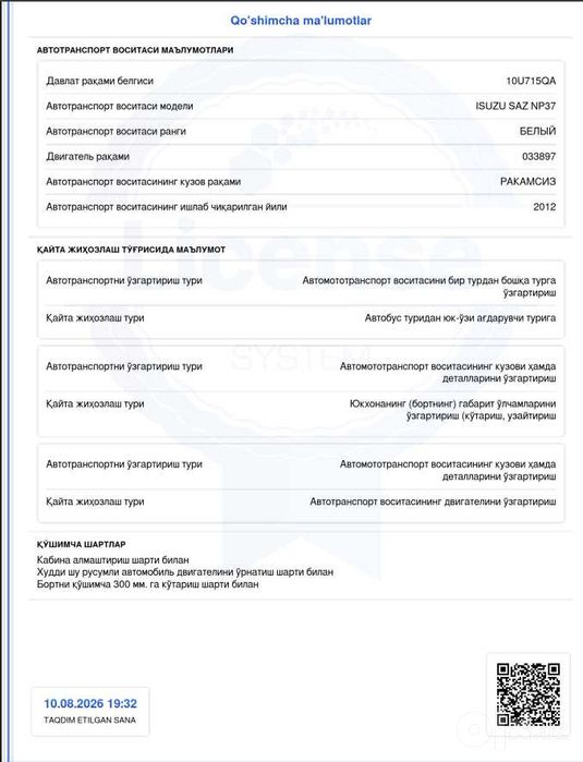 Barcha turdagi transport vostalariga qayta jihozlash uchun ruxsatnoma