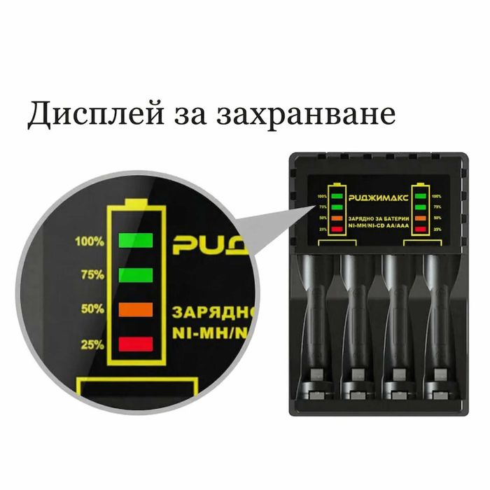 PUJIMAX Зарядно за Ni-MH батерии AA/AAA с 4 гнезда и LED дисплей