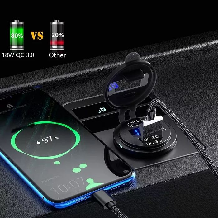 USB Type-C + USB 3.0 зарядно за кола/камион/АТВ/кемпер/лодка *с кабели