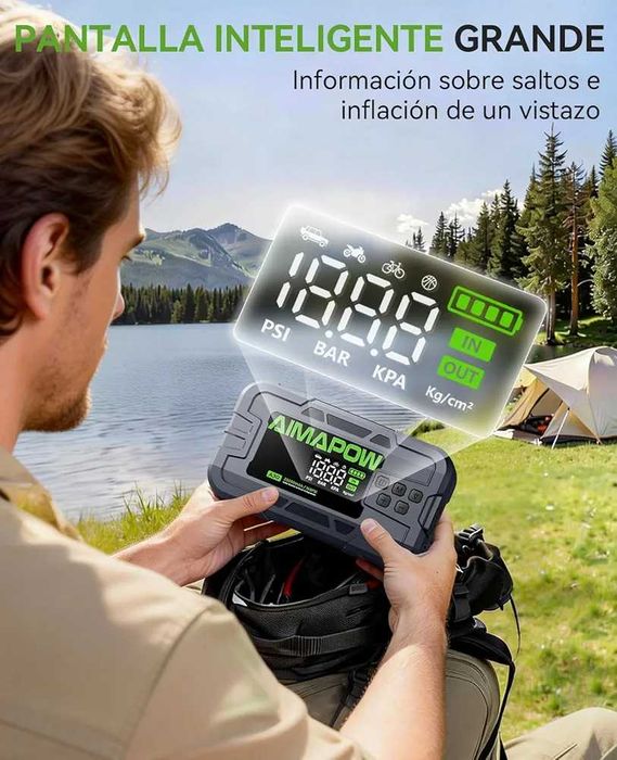 Чисто нов запечатан в целофан стартер за кола AIMAPOW A30 9000A / 2220mAh / 26.64Wh с компресор 160 PSI и фенерче, джъмп стартер