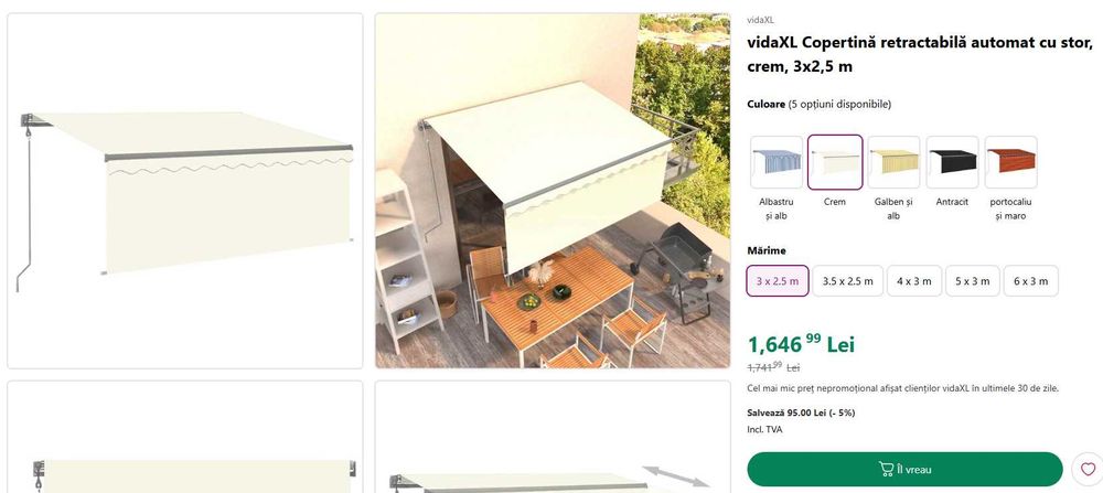 2 copertine retractabile automat cu stor, crem, 3x2,5 m vidaXL (utilizată)