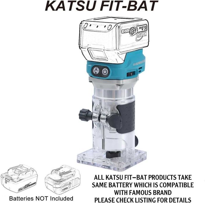 Mașină de frezat pentru lemn fără fir KATSU FIT-BAT cu motor fără perii, compatibilă cu acumulatori 18V, pentru profilare, laminare și îmbinări