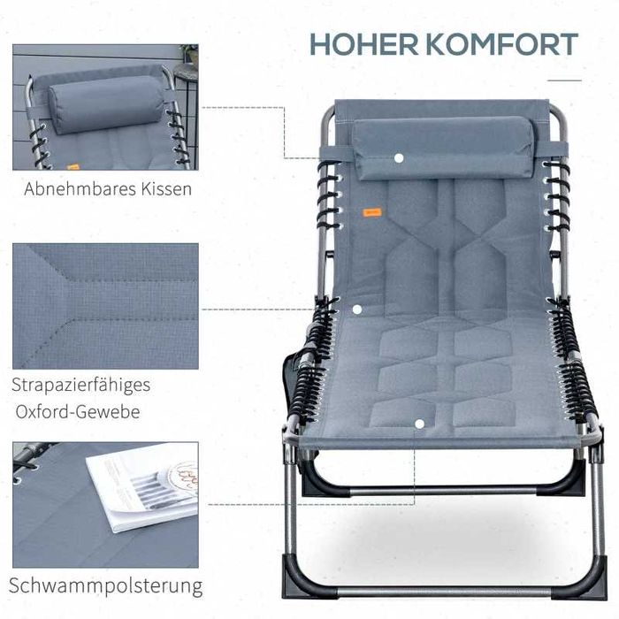 Outsunny Сгъваем градински шезлонг с възглавница, 5-степенна облегалка