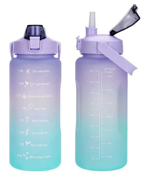 Sticla apa, 2000 ml, cu pai si maner, mov si albastru