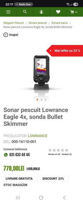 Sonar pescuit Lowrance Eagle 4X. Sonarul este nou, perfect functional.