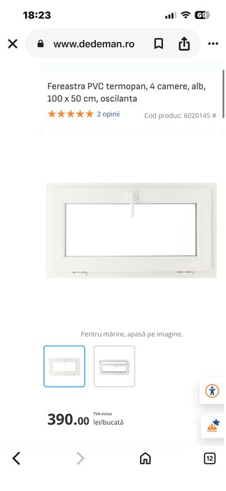 Vând Fereastră PVC Termopan Dedeman 100 x 50 cm, nouă