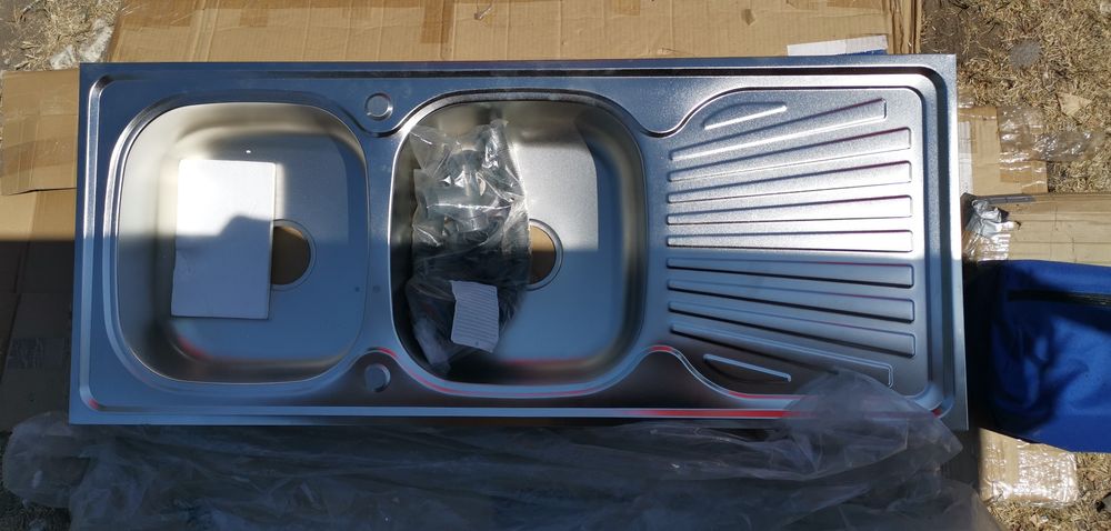 Кухненска мивка с две корита 120×50 см стомана за монтаж върху шкаф