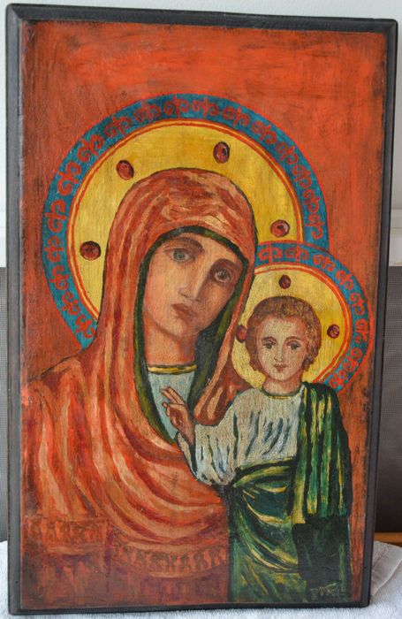 Icoana pictata pe lemn, anii 1900 Icoana veche