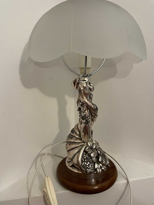 Veioza/lampa alpaca-like lemn vintage abajur sticla E14 35cm anii 1990