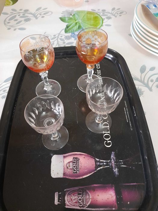 SET Pahare Cristal Sampanie Baccarat oranj aperitiv sticla veche alba digestiv sfesnic
