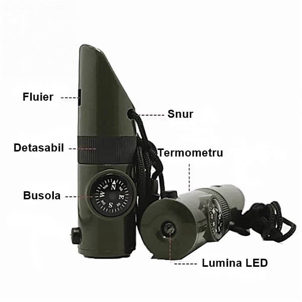 Fluier multifunctional 8 in 1, Fluier, Busola, Lanterna, Termometru