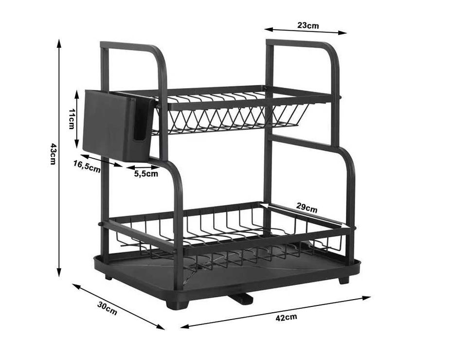 Сушилник за чинии на 2 нива с улей за мивка черен