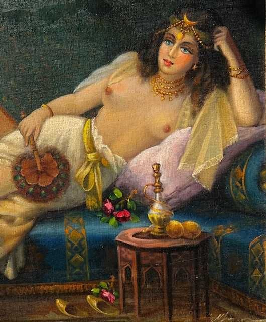 "ODALISCA"-Tablou foarte VECHI, ulei/panza/carton, semnat 65x45cm+rama
