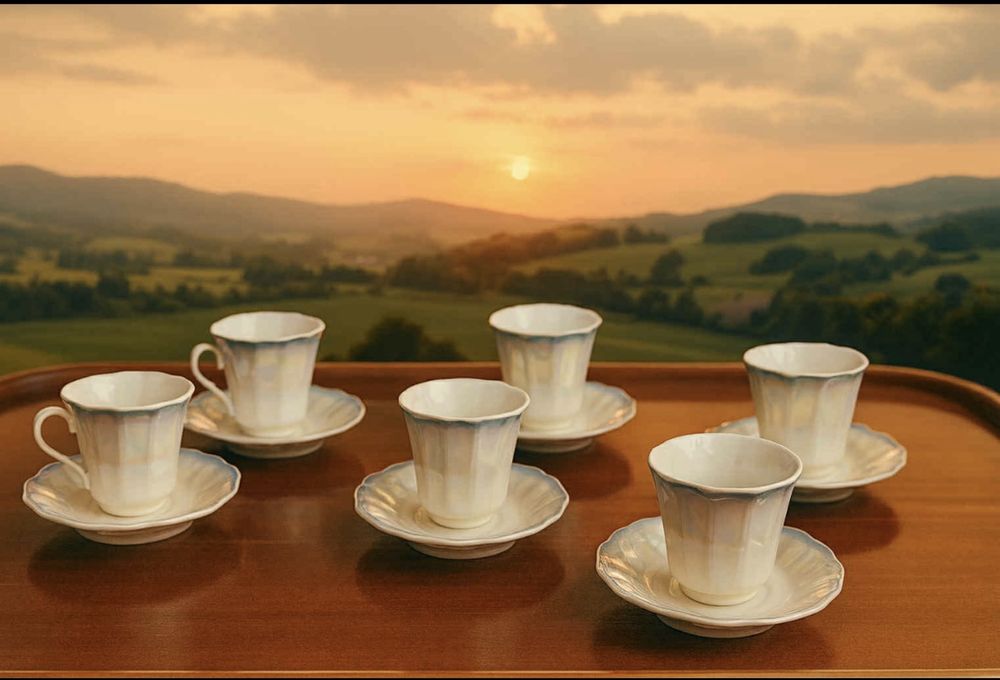 Винтидж порцеланов сервиз за кафе – 6 чаши с чинийки, седефна глазура