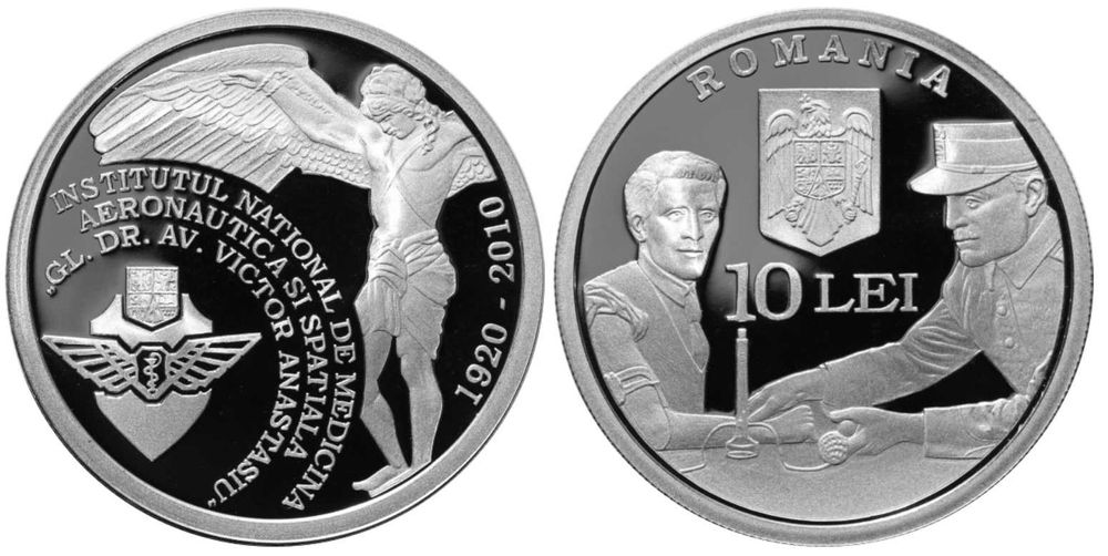 Moneda BNR 10 lei argint Med Aeronautica Spatiala gradata NGC PF 69