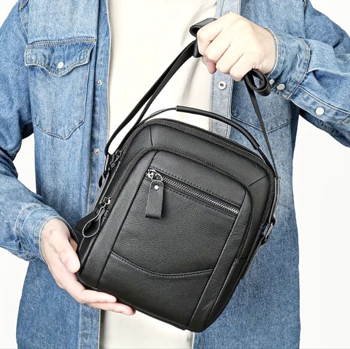 Мъжка обемна кожена чанта/Елегантна от черна естест. кожа -10%Промоция