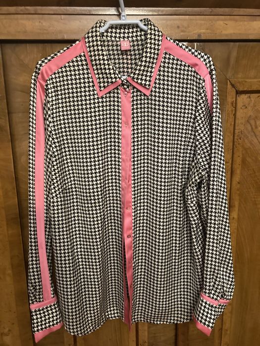 Bluza dama , masura 48, alb cu negru si garnitura roz fucsia