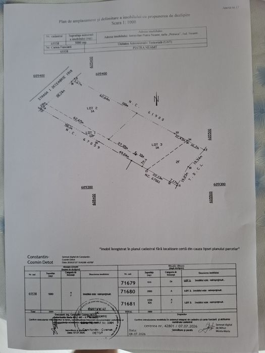 Teren construibil intravilan 5.000 mp parcelat în 2400mp + 2000mp cu drum- Piatra Neamț