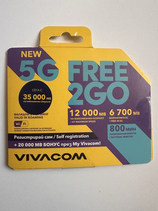 SIM карти VIVACOM Free2Go 5G — САМОРЕГИСТРАЦИЯ, на едро от 20 бр.
