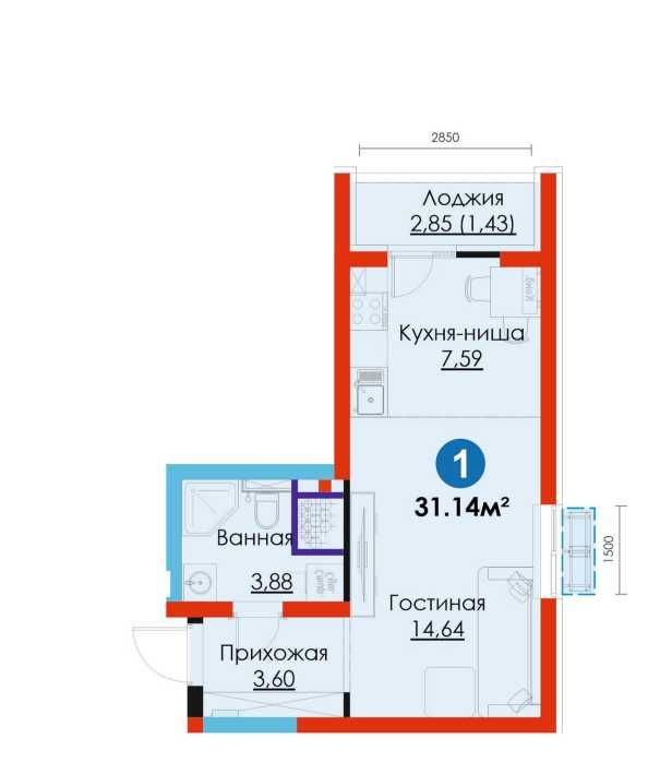 1-комнатная квартира 31,14 м² | Метро «Янгиабад» | Скидка 12% (М)