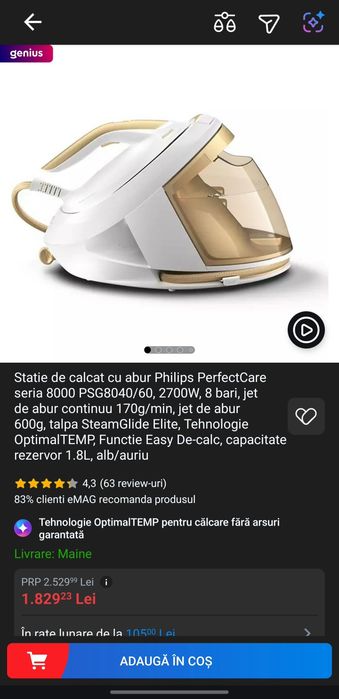 Statie de calcat cu abur Philips PerfectCare seria 8000 PSG8040/60, 2700W, 8 bari, jet de abur 600g, alb/auriu